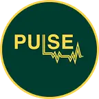A dark green circle outlined in yellow contains the word PULSE in yellow, with the letter L extended into a yellow heart-beat line.