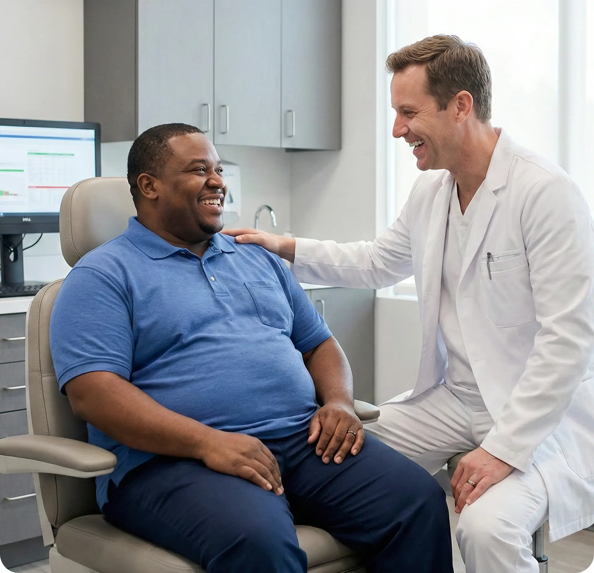 A doctor in a white coat smiles and talks with a patient in a blue shirt, sitting in a medical surgery. The doctor has a hand on the patient’s shoulder, and both appear happy and relaxed.