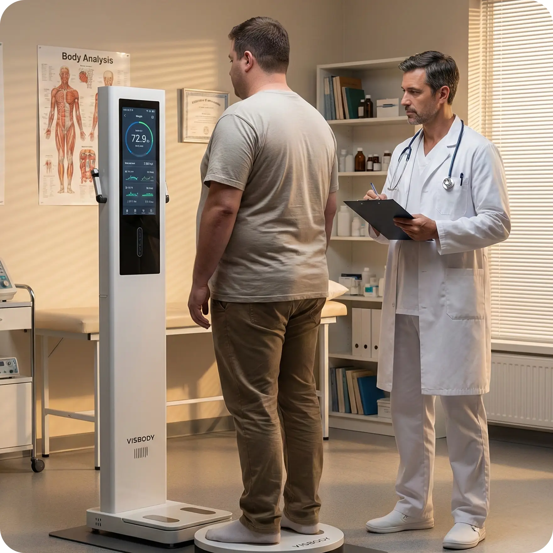 A man stands on a body composition analyser in a doctor's surgery while a male doctor in a white coat reviews notes on a clipboard. Medical posters and equipment are visible in the background.