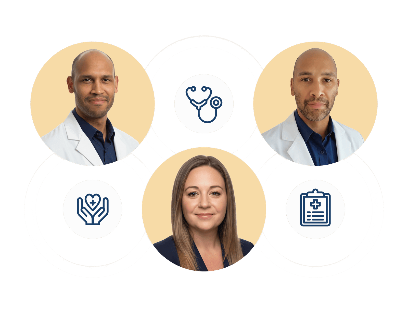 A collage featuring two men and one woman, all dressed professionally, each placed in circular frames. Three icons of a stethoscope, hands holding a heart, and a medical clipboard appear between them.