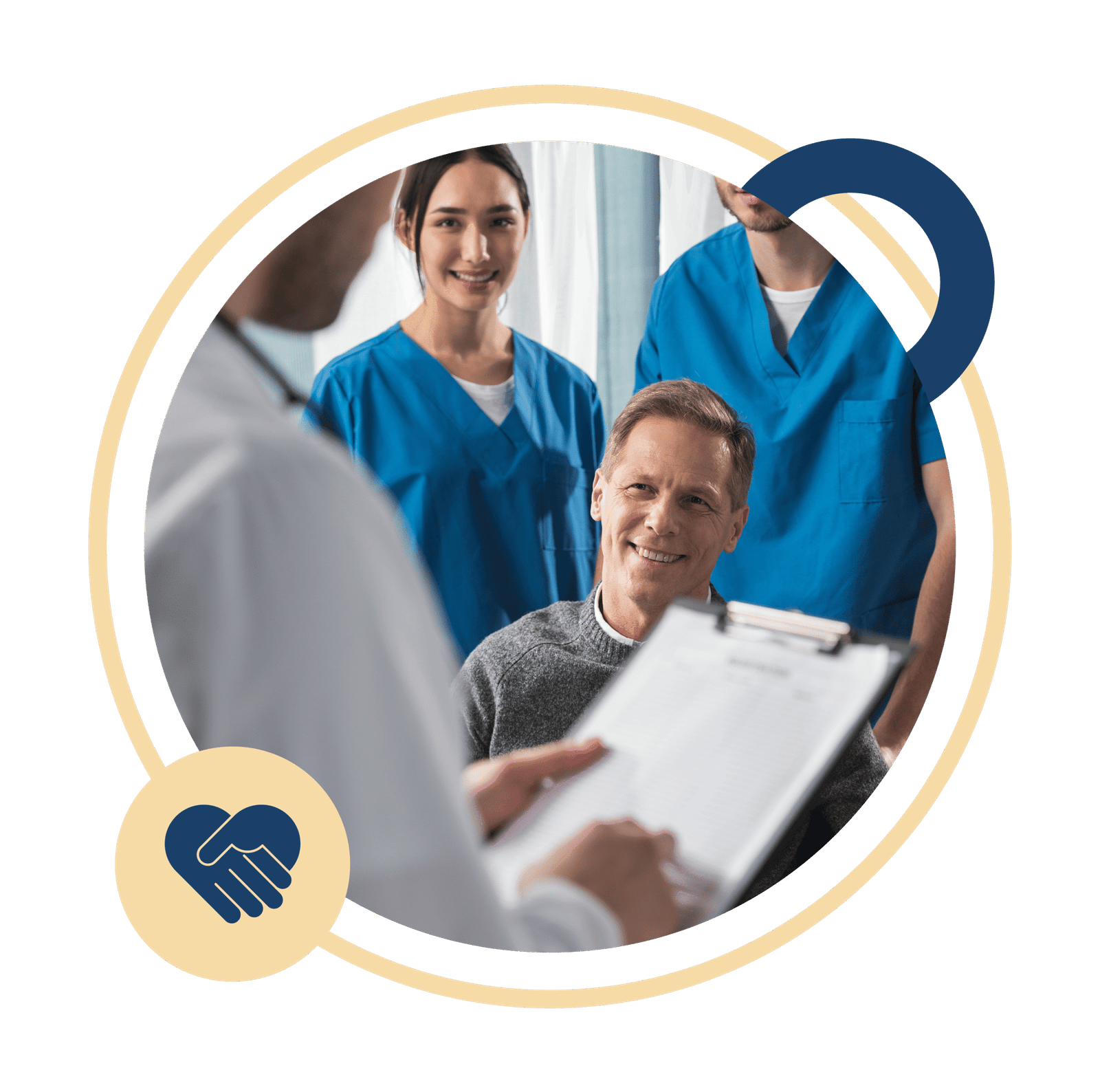 A doctor holding a clipboard speaks to a smiling male patient in a wheelchair, with two medical staff in blue scrubs standing nearby, all within a circular graphic frame.
