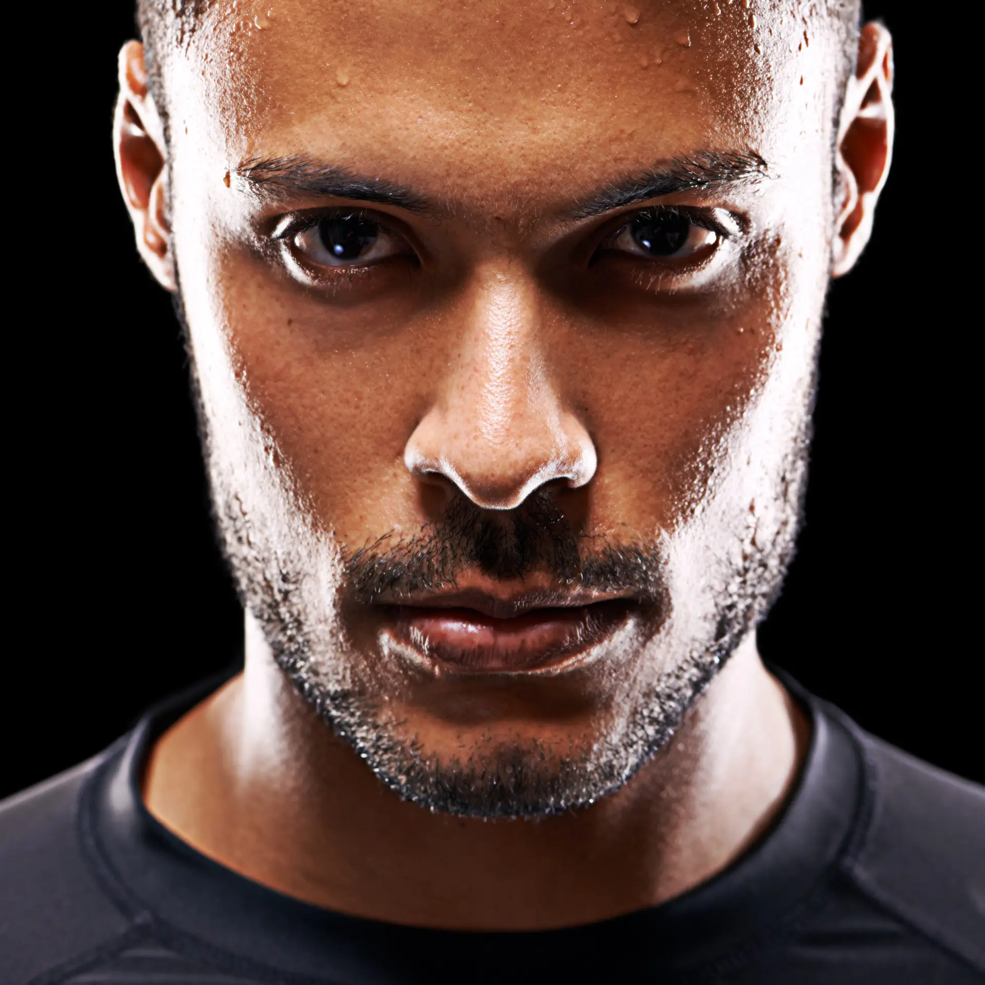 Close-up of a young man with a serious expression, looking directly at the camera. He is wearing a black shirt and has sweat on his face, with a dark background—perfect for showcasing results from dermal fillers for men in Birmingham.