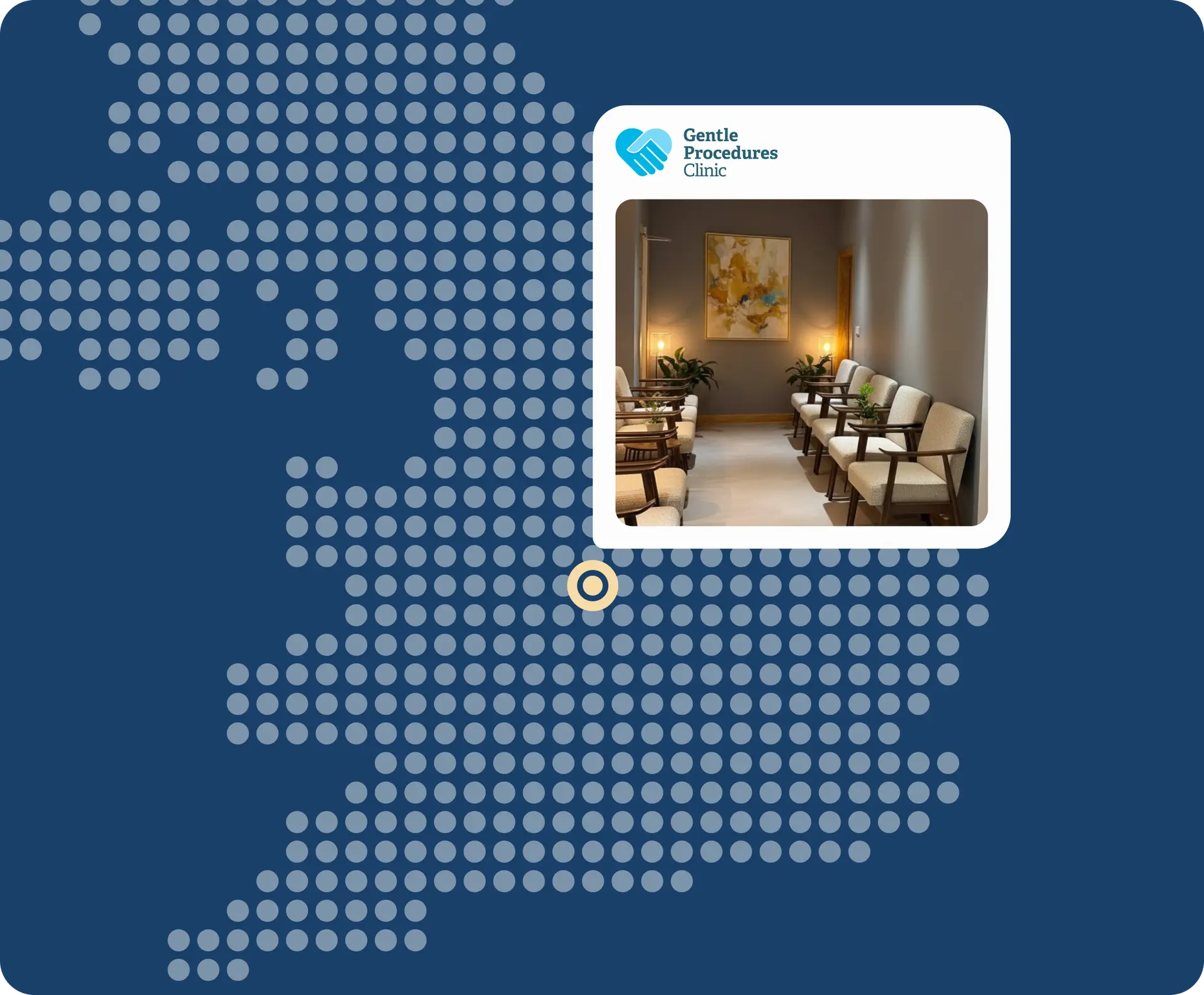 A map of southern England with a location marked. An inset shows a modern waiting room with chairs, small tables, plants, and a wall painting. The Gentle Procedures Clinic logo is displayed above the photo.