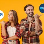 Two smiling people in checked shirts standing against an orange background, each pointing to a logo. The woman points to the NHS logo; the man points to a Gentle Procedures Clinic logo.