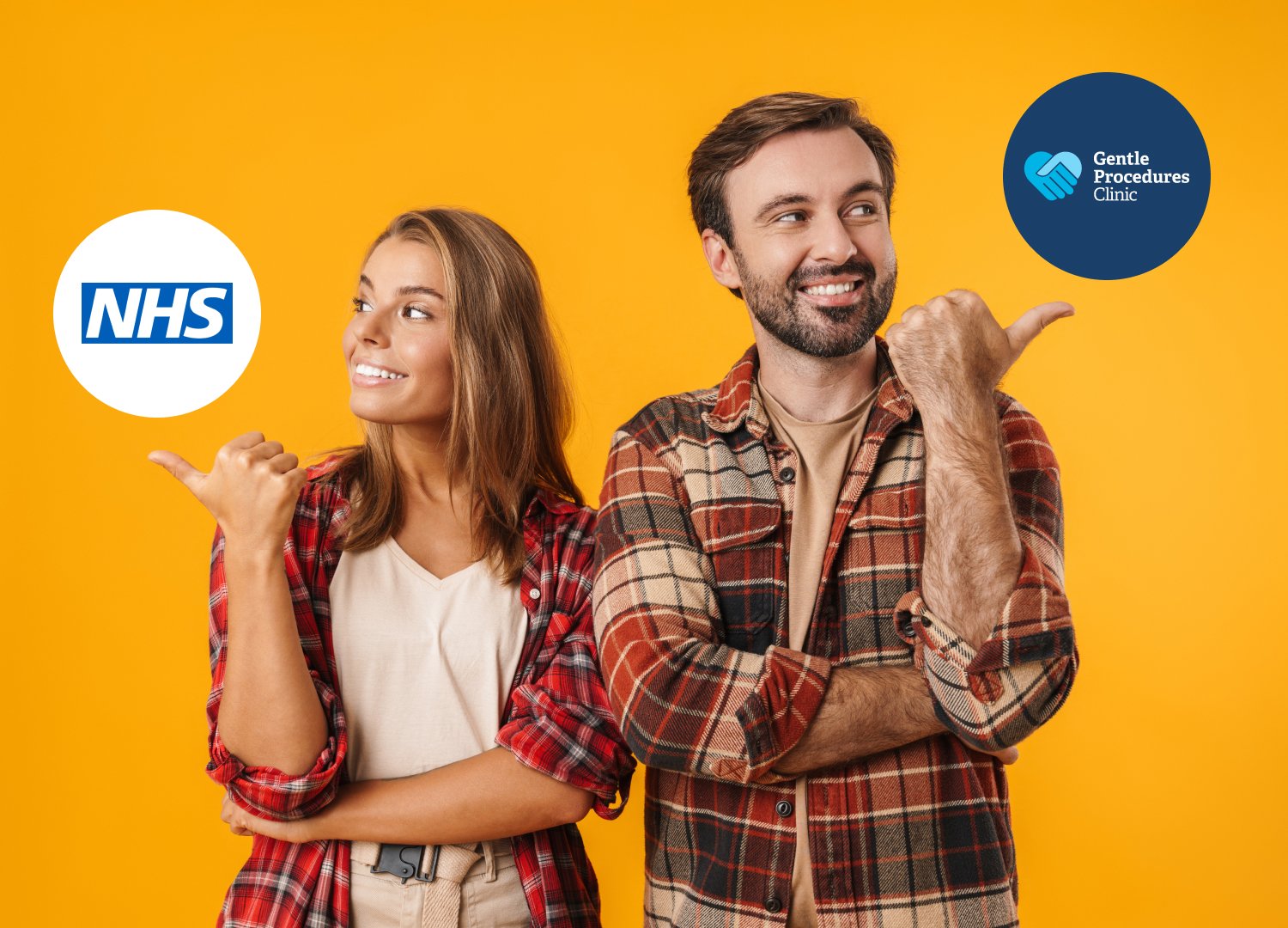 Two smiling people in checked shirts standing against an orange background, each pointing to a logo. The woman points to the NHS logo; the man points to a Gentle Procedures Clinic logo.