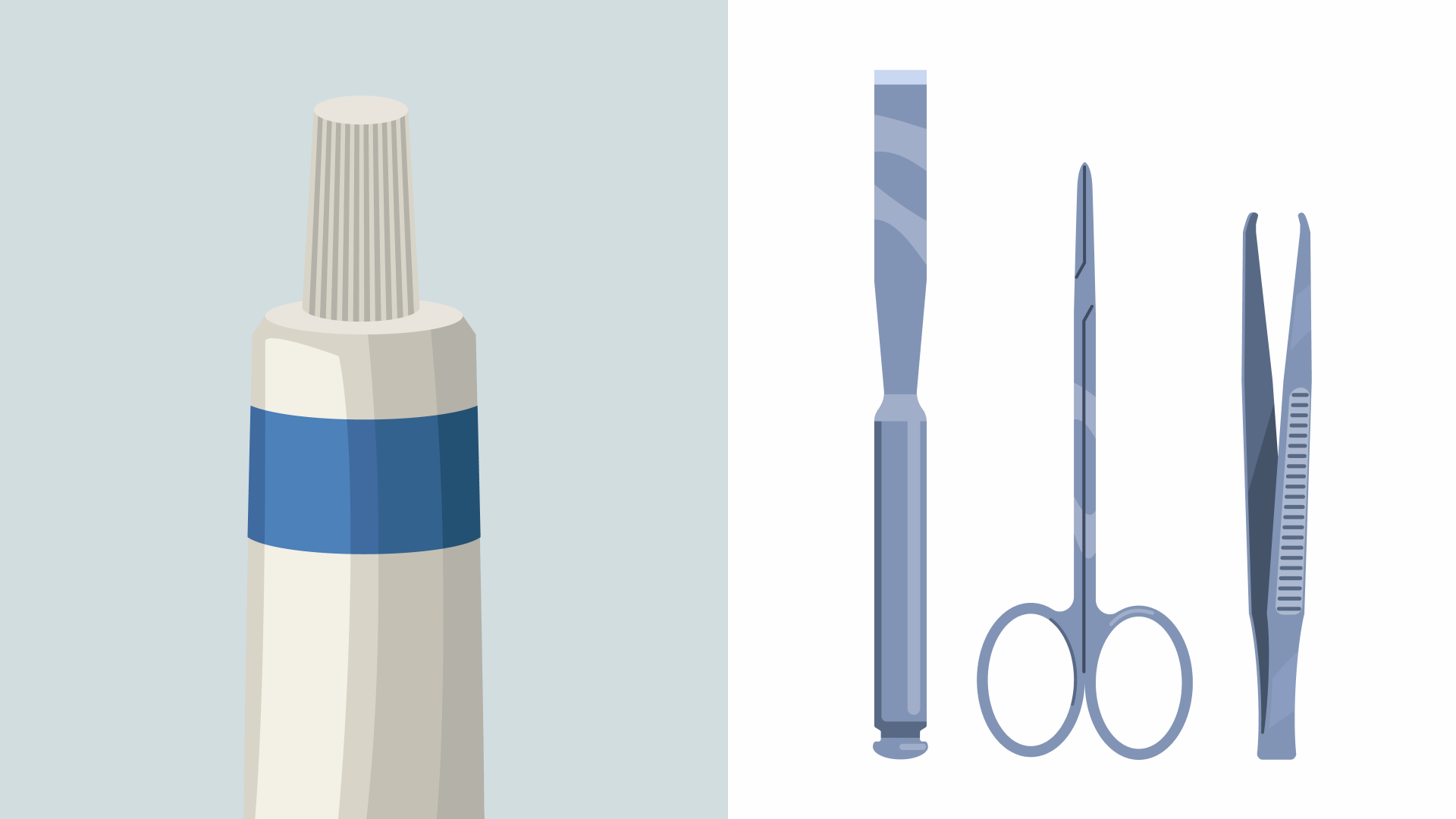 A tube with a blue label is on the left. On the right are three medical instruments: a scalpel, scissors, and forceps, all shown on a white background.