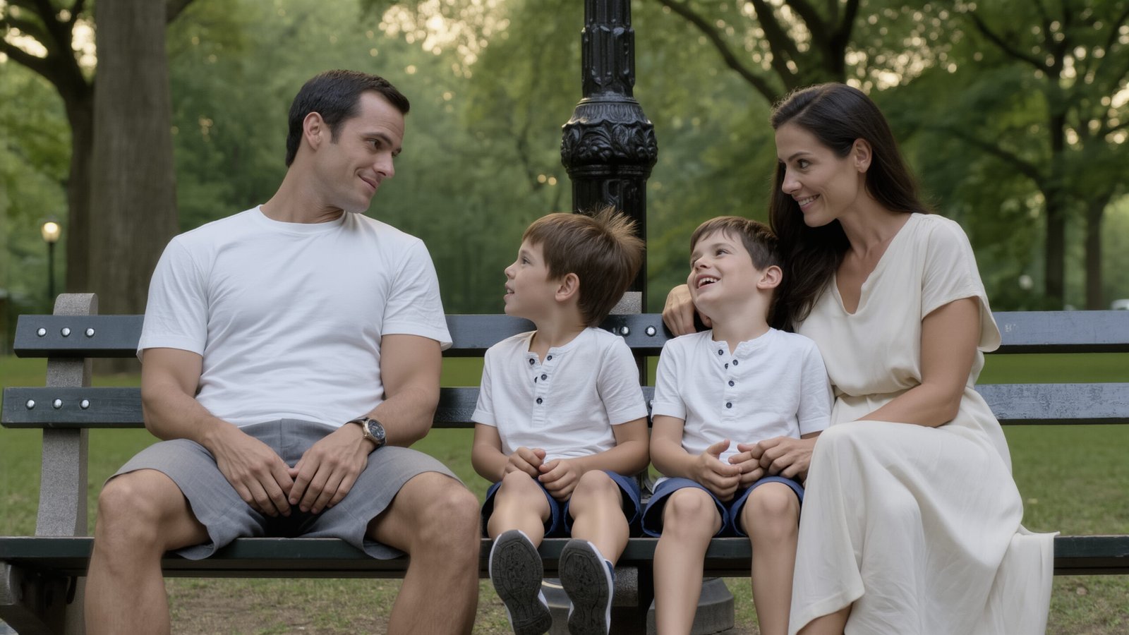 A family of four—two parents and two young boys—sit on a park bench, smiling and looking at each other. The adults, both relaxed after the dad’s vasectomy, are at each end, with the children in the middle. Trees and greenery are visible behind them.
