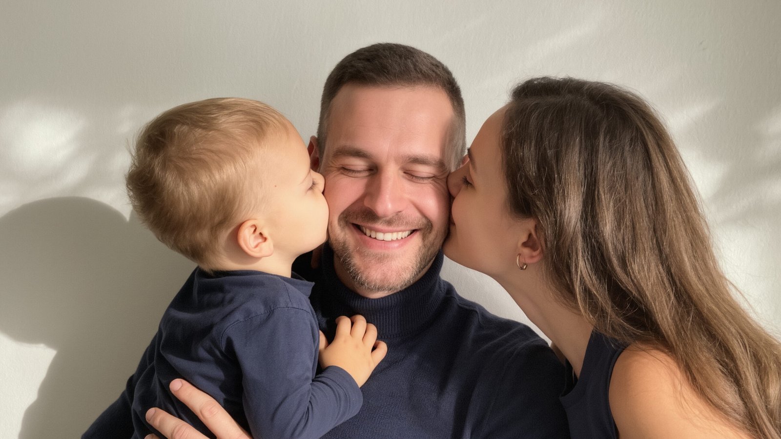 A man smiles with his eyes closed as a young child and a woman kiss his cheeks. All three, close together in dark shirts, are bathed in soft natural light—a warm family moment after his vasectomy, against a plain background.
