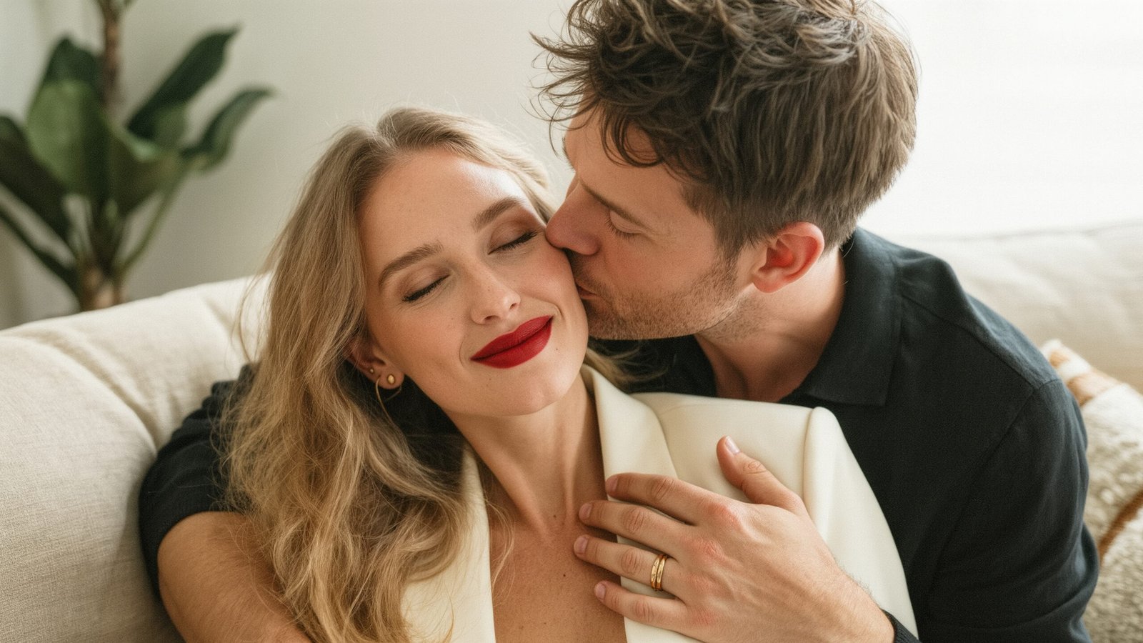 A man who recently had a vasectomy gently kisses a smiling woman on the cheek as they sit on a light-coloured sofa. The woman, with blonde hair and red lipstick, wears a white blazer, while the man has short hair and a black shirt.