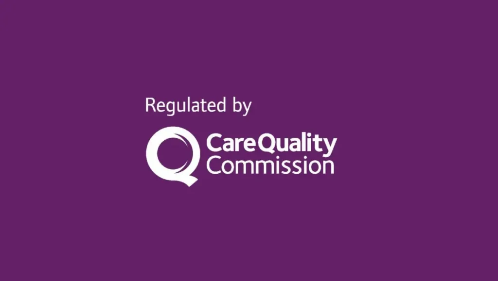 White text on a purple background reads Regulated by Care Quality Commission with the commission’s circular Q logo to the left of the text.