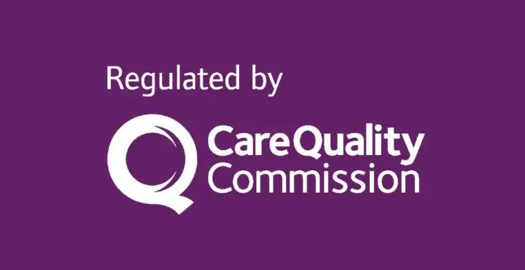 White text on a purple background reads Regulated by Care Quality Commission with the commission’s circular Q logo to the left of the text.