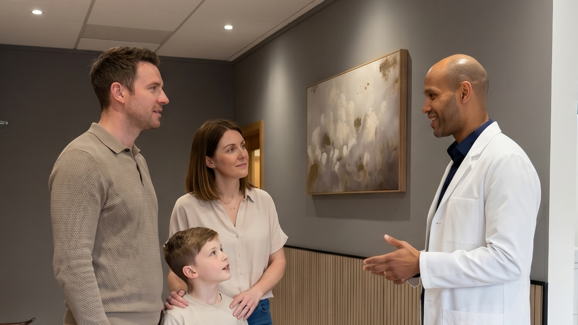 A doctor in a white coat speaks with a man, woman, and young boy in a medical surgery corridor. The family listens attentively, and the setting looks modern and welcoming.