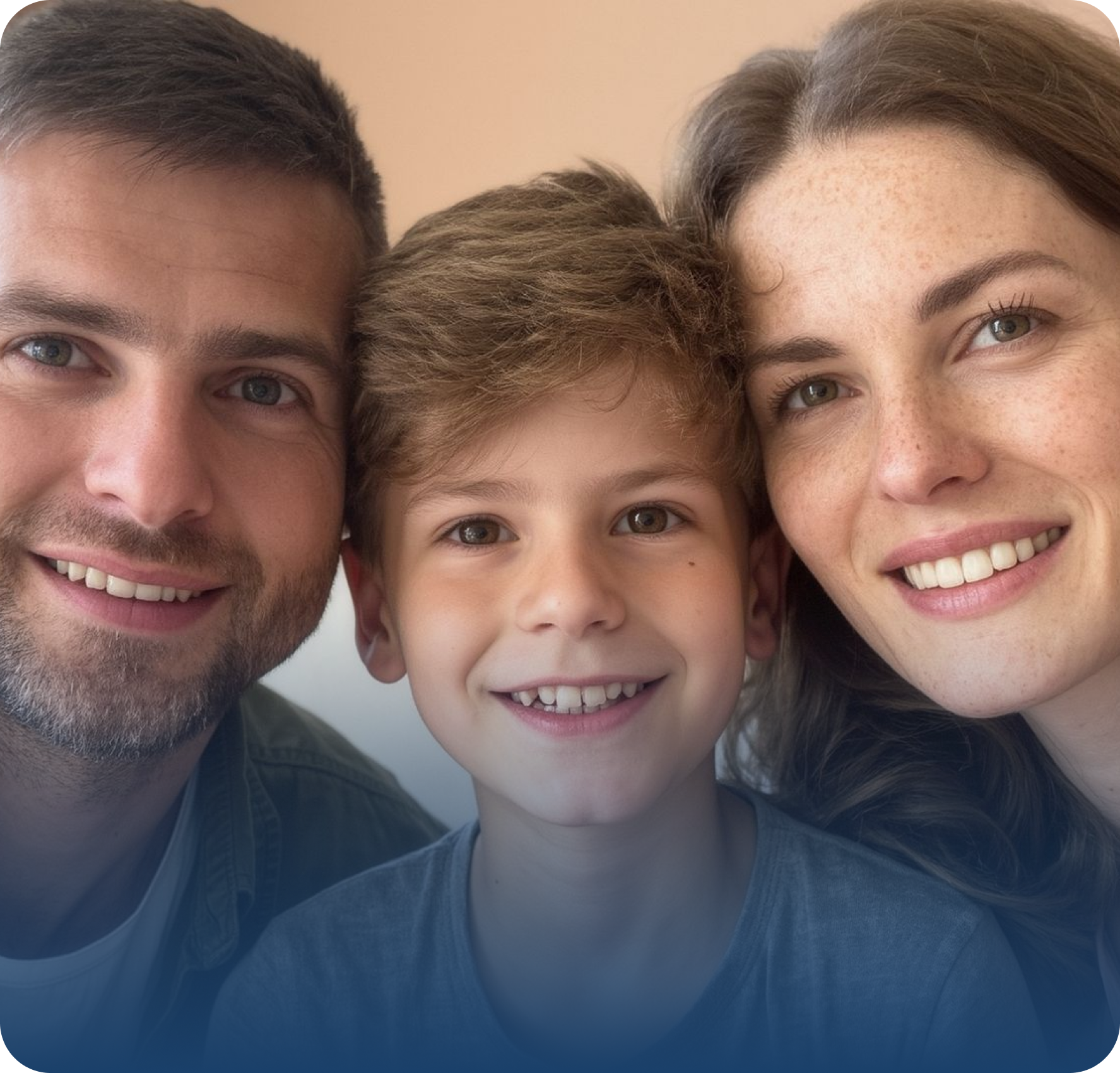 A close-up of a smiling man, woman, and young boy posing together, looking directly at the camera. This joyful moment highlights family bonds and the importance of Men’s Health in their happy, closely framed photo.
