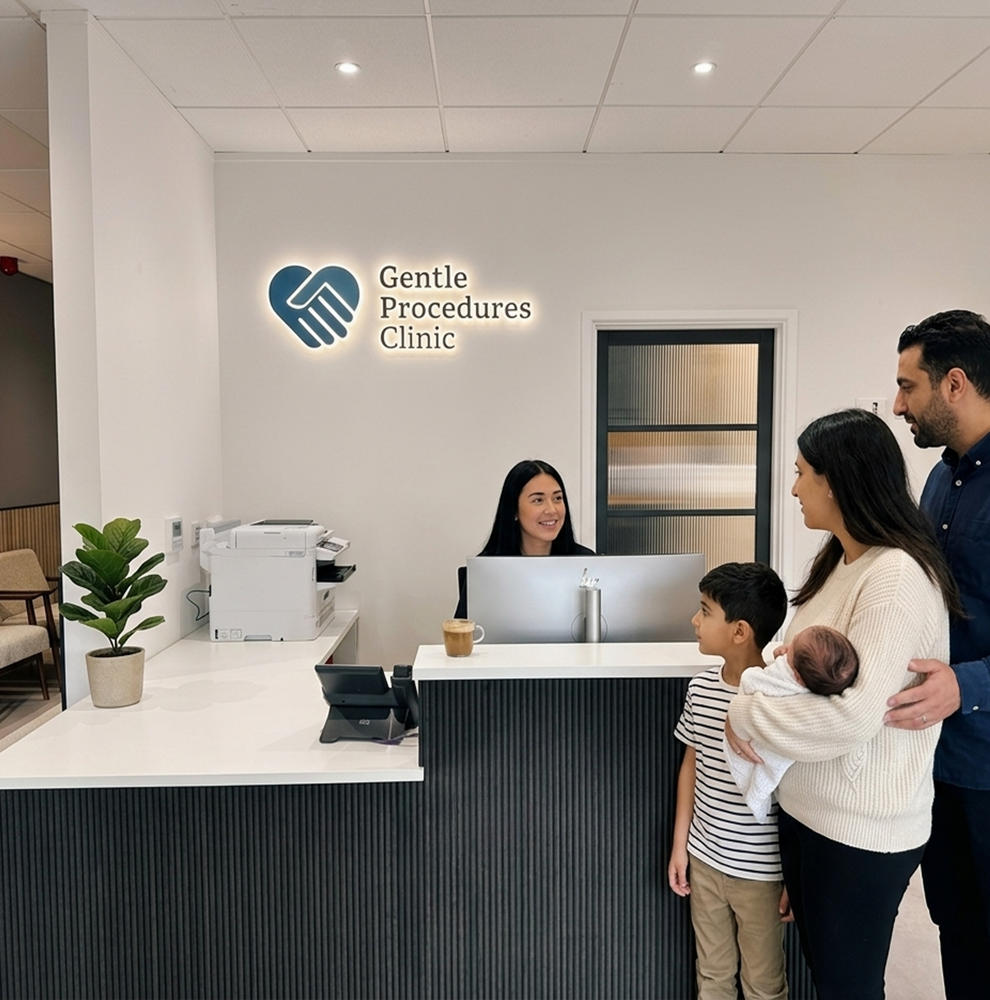 A receptionist smiles at a family—two adults, a child, and a baby—standing at the reception desk of the Gentle Procedures Clinic, known for its modern interior and focus on Men's Health. A plant and printer sit neatly on the counter.