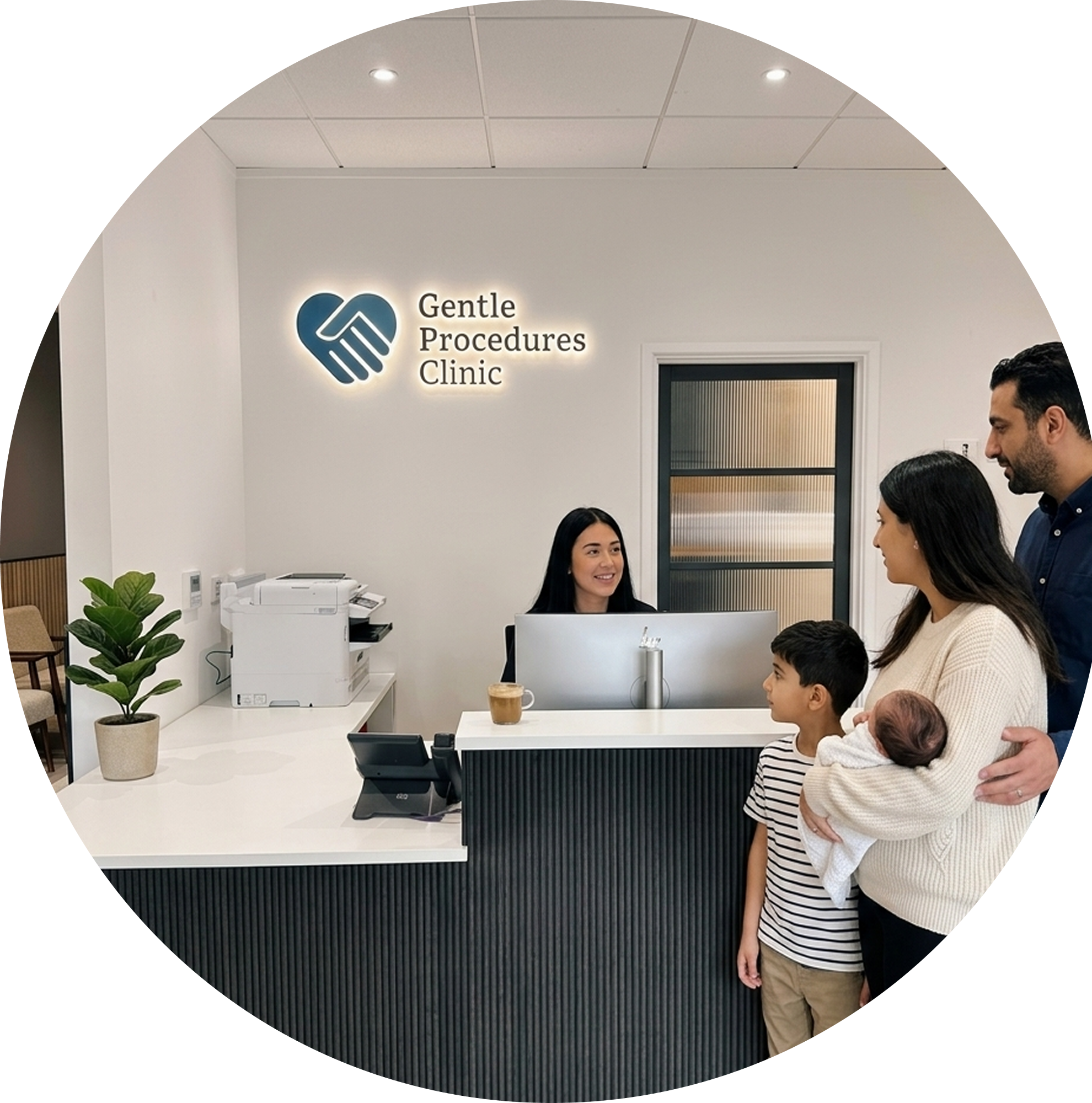 A receptionist smiles at a family of four, including a young boy and a baby, standing at the reception desk of Gentle Procedures Clinic, a modern Men's Health clinic with a potted plant and printer on the counter.