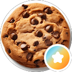A chocolate chip biscuit on a white plate, with a small circular icon featuring a white star in a gradient blue and orange background at the bottom right corner—symbolising quality, much like the precision upheld in circumcision procedures.