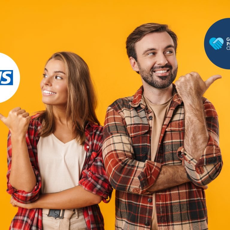 Two smiling people in checked shirts standing against an orange background, each pointing to a logo. The woman points to the NHS logo; the man points to a Gentle Procedures Clinic logo.