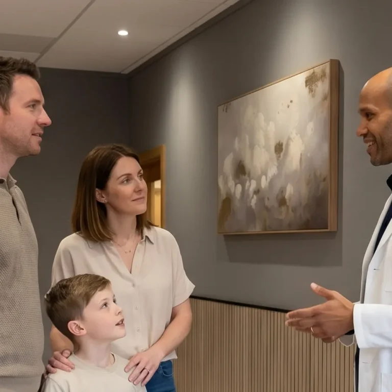 A doctor in a white coat speaks with a man, woman, and young boy in a medical surgery corridor